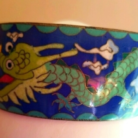 Les Bernard Blue & Antique Gold  Cloisonne Pendant with 12K Gold Chain Necklace - Picture 5 of 9